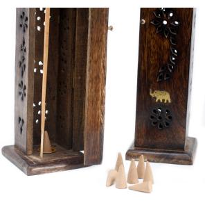 Square Incense Tower - Brass inlay - Mango Wood