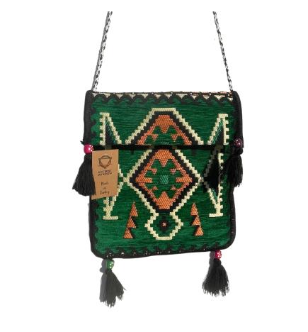 Bolso bandolera de fiesta Kilim verde esmeralda