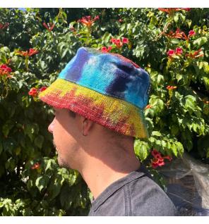 Sombrero de festival boho de cáñamo y algodón con parches - Tiedye