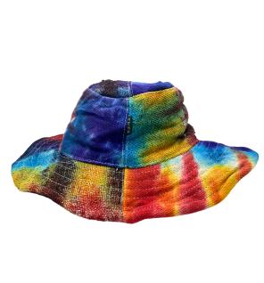 Sombrero de festival boho de cáñamo y algodón con parches y aros - Tiedye