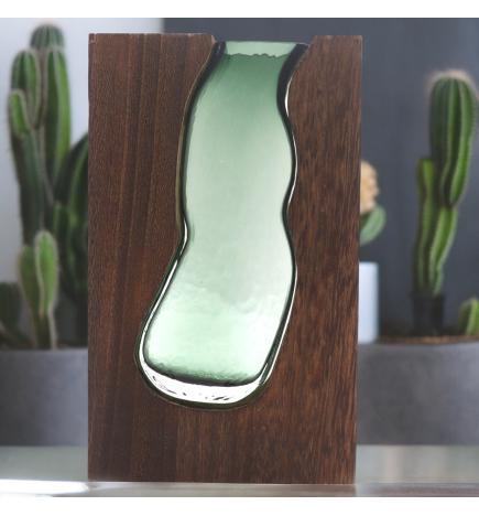 Florero de Vidrio Grande / Terario en Madera de Tung Oscura - 18x5x32cm