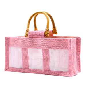 Bolsa de regalo de yute puro y algodón con ventana - 3 Ventanas en Rosa