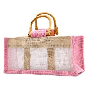 Bolsa de regalo de yute puro y algodón con ventana - 3 Ventanas en Rosa