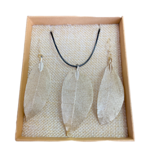 Conjunto de collar y aretes - Hoja de valor - Oro Blanco