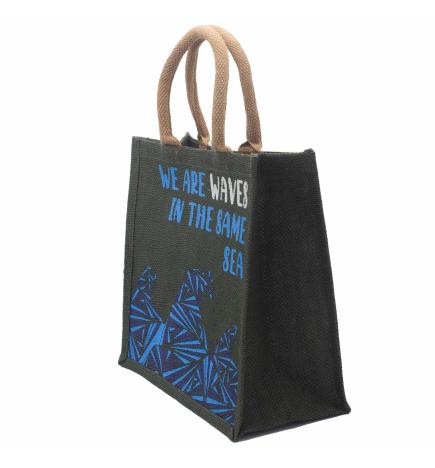 bolsa de yute estampada - Somos olas - Cinza, Azul y Natural