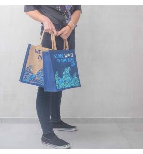 bolsa de yute estampada - Somos olas - Cinza, Azul y Natural