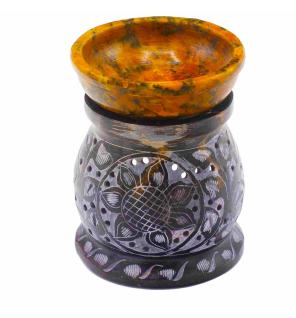 Quemador de aceite de esteatita 10 cm - Flor de mandala - Negro y amarillo