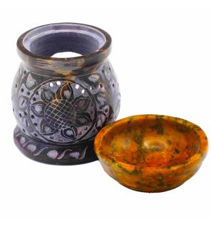 Quemador de aceite de esteatita 10 cm - Flor de mandala - Negro y amarillo