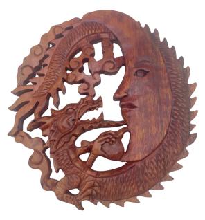 Panel de Madera Tallada - Cara de Luna y Dragón - 30cm