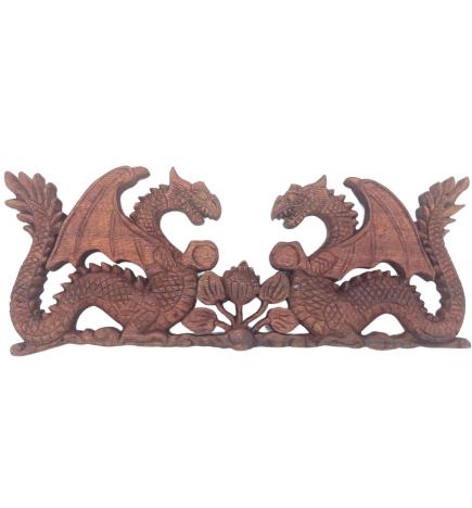 Panel de Madera Tallada - Dos Dragones Frente a Frente - 40x15cm