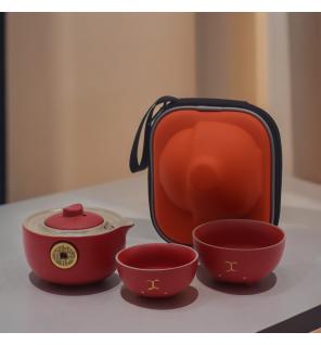 Set de tetera - Gato del Dinero - Dos tazas & Estuche de viaje - Rojo