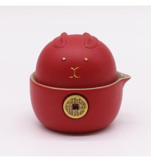 Set de tetera - Gato del Dinero - Dos tazas & Estuche de viaje - Rojo