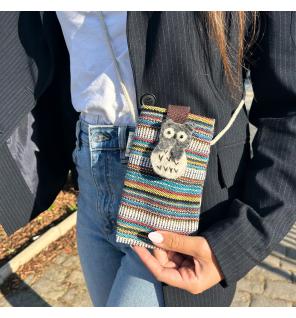 Bolso Porta Teléfono con Rayas Multicolor y Blanco - Decorado con búho