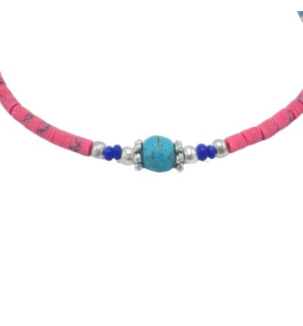 Pulsera nepalí de gemas extrafinas - cuentas de coral rosa y turquesa