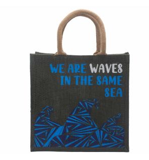 bolsa de yute estampada - Somos olas - Cinza, Azul y Natural