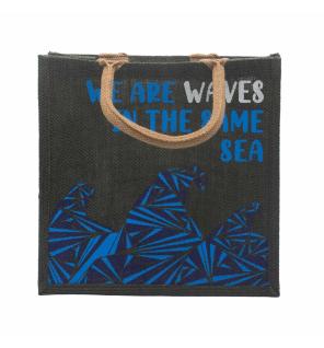 bolsa de yute estampada - Somos olas - Cinza, Azul y Natural