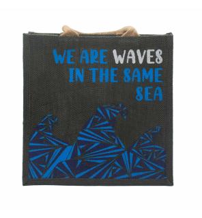 bolsa de yute estampada - Somos olas - Cinza, Azul y Natural