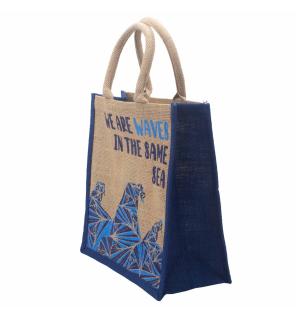 bolsa de yute estampada - Somos olas - Cinza, Azul y Natural