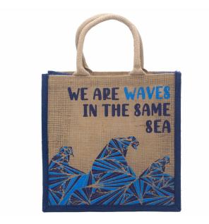 bolsa de yute estampada - Somos olas - Cinza, Azul y Natural