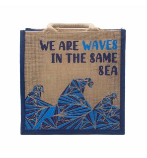 bolsa de yute estampada - Somos olas - Cinza, Azul y Natural