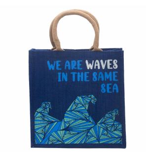 bolsa de yute estampada - Somos olas - Cinza, Azul y Natural