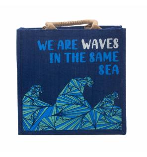 bolsa de yute estampada - Somos olas - Cinza, Azul y Natural