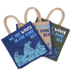 bolsa de yute estampada - Somos olas - Cinza, Azul y Natural