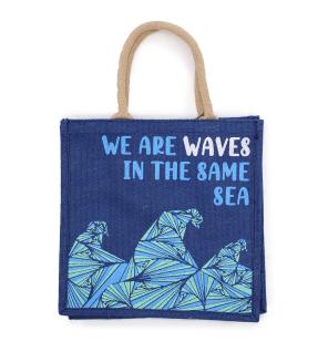 bolsa de yute estampada - Somos olas - Cinza, Azul y Natural