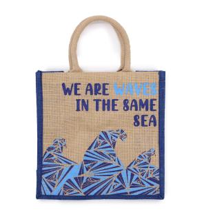 bolsa de yute estampada - Somos olas - Cinza, Azul y Natural