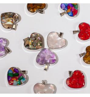 Colgantes de corazón con carcasa de acero - Chip de gemas y conchas Surtido