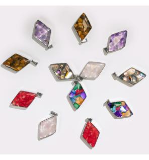 Colgantes en forma de diamante con carcasa de acero - Chips de gemas y conchas Surtido