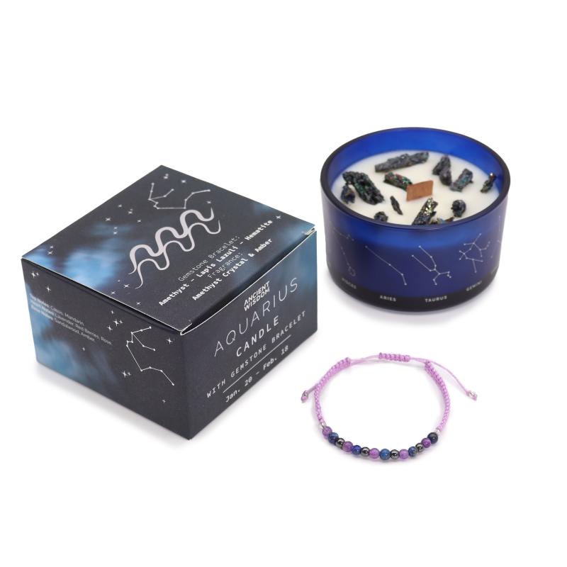 Vela de cristal del zodiaco con pulsera de piedras preciosas - Aquarious