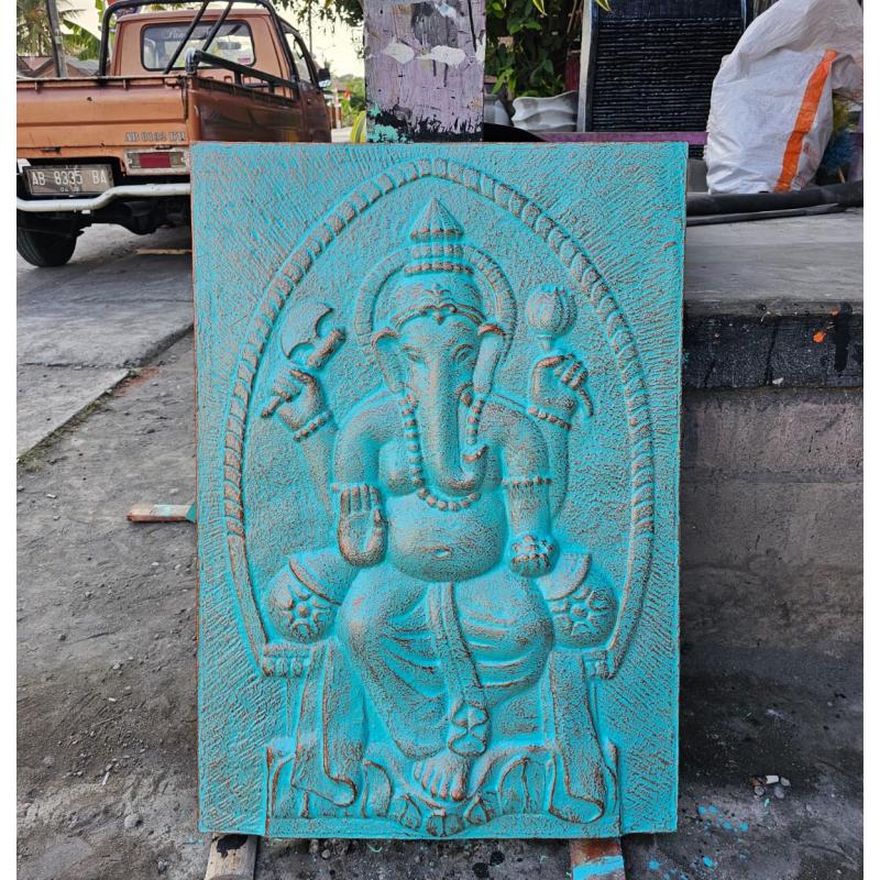Gran Ganpati Marco de cemento fibrótico Turquesa Relieve - 0.7x1m