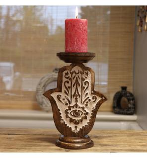 Candelabro de Madera de Mango - Hamsa - Pequeño 18x11cm