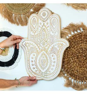 Placa de pared Mano de Hamsa en madera de Mango - Blanco