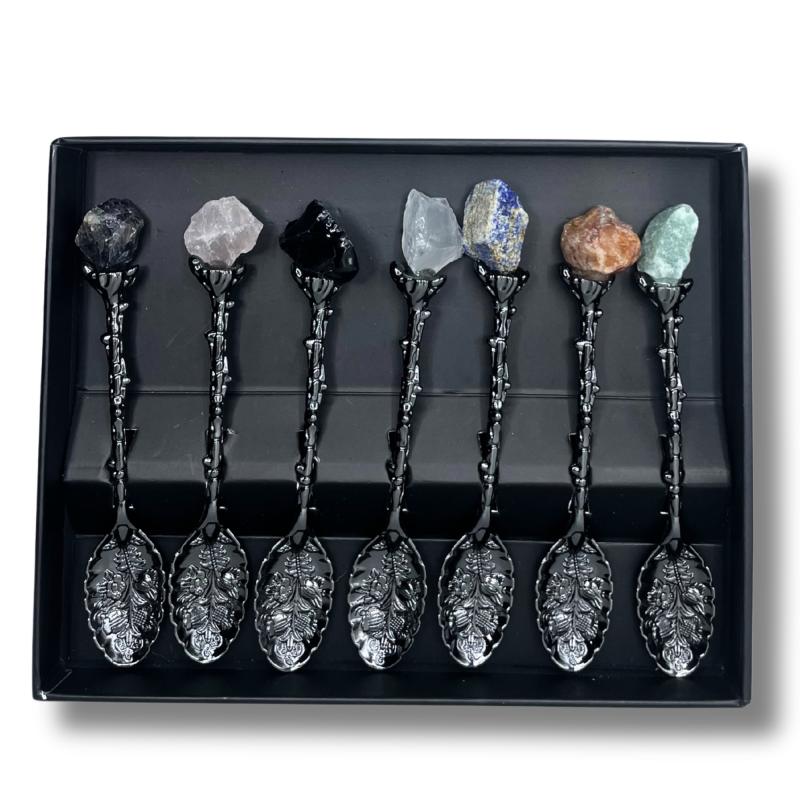 Juego de 7 Cucharas de Bruja de Cristal de Piedra Preciosa de Plata Oscura