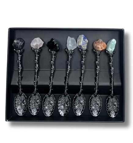 Juego de 7 Cucharas de Bruja de Cristal de Piedra Preciosa de Plata Oscura