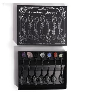 Juego de 7 Cucharas de Bruja de Cristal de Piedra Preciosa de Plata Oscura
