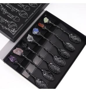 Juego de 7 Cucharas de Bruja de Cristal de Piedra Preciosa de Plata Oscura