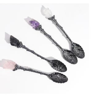 Juego de 7 Cucharas de Bruja de Cristal de Piedra Preciosa de Plata Oscura