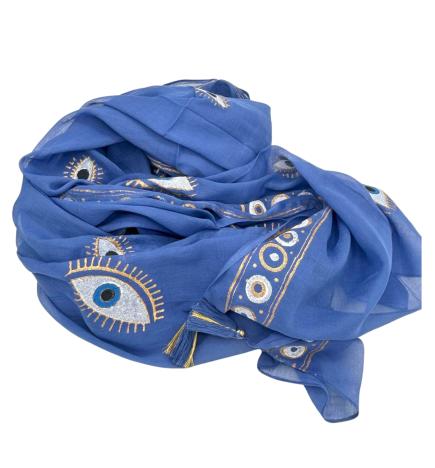 Colección Nómada Sari Mediterráneo - Pareo - Diseño del Ojo Maligno en Azul Rico y Dorado