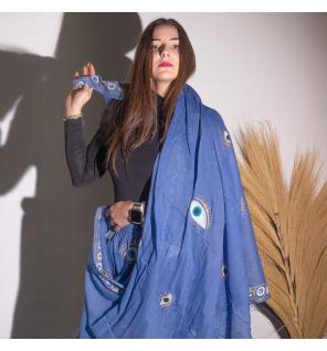 Colección Nómada Sari Mediterráneo - Pareo - Diseño del Ojo Maligno en Azul Rico y Dorado