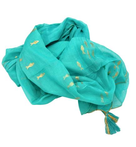 Colección Nómada Sari Mediterráneo - Pareo - Diseño de Peces en Turquesa y Oro