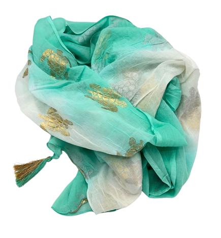 Colección Nómada Sari Mediterráneo - Pareo - Diseño de Tortuga en Blanco, Turquesa y Oro