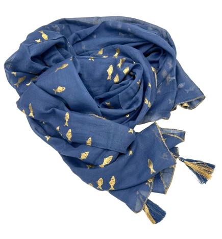 Colección Nómada Sari Mediterráneo - Pareo - Diseño de Peces en Azul Marino y Oro