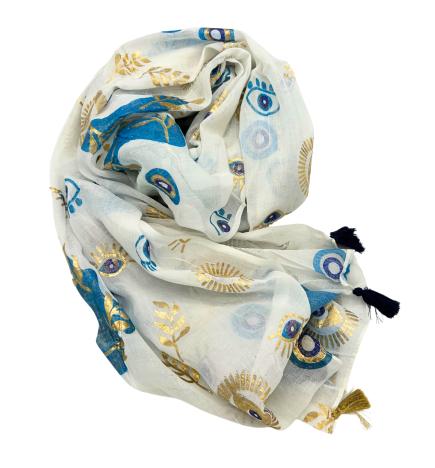 Colección Nómada Sari Mediterráneo - Pareo - Diseño del Ojo Maligno en Blanco, Azul y Oro