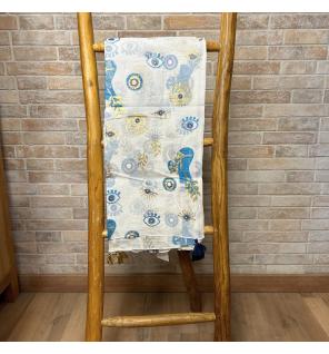 Colección Nómada Sari Mediterráneo - Pareo - Diseño del Ojo Maligno en Blanco, Azul y Oro