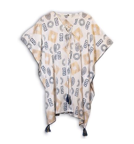 Colección Nómada Sari Mediterráneo - Kaftan - Motivo Griego en Oro y Azul - Pintado a Mano