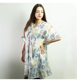 Colección Nómada Sari Mediterráneo - Kaftan - Motivo Griego en Oro y Azul - Pintado a Mano