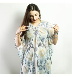 Colección Nómada Sari Mediterráneo - Kaftan - Motivo Griego en Oro y Azul - Pintado a Mano